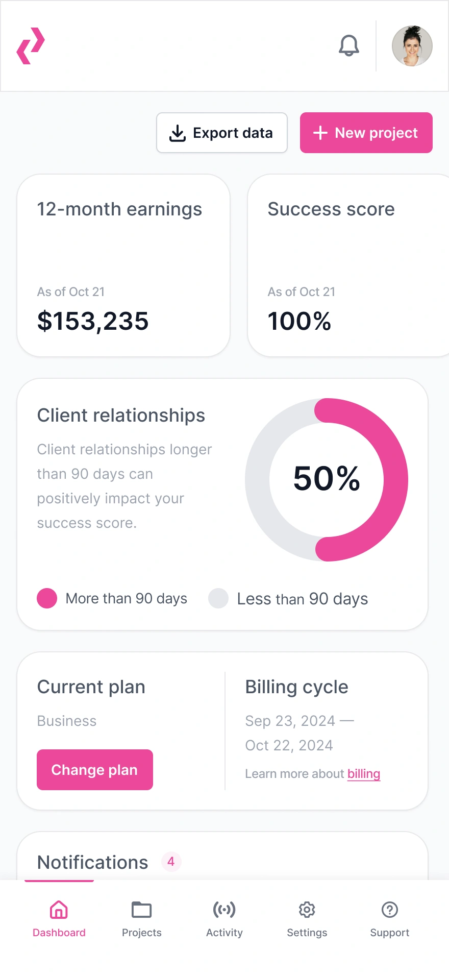 mobile dashboard screenshot